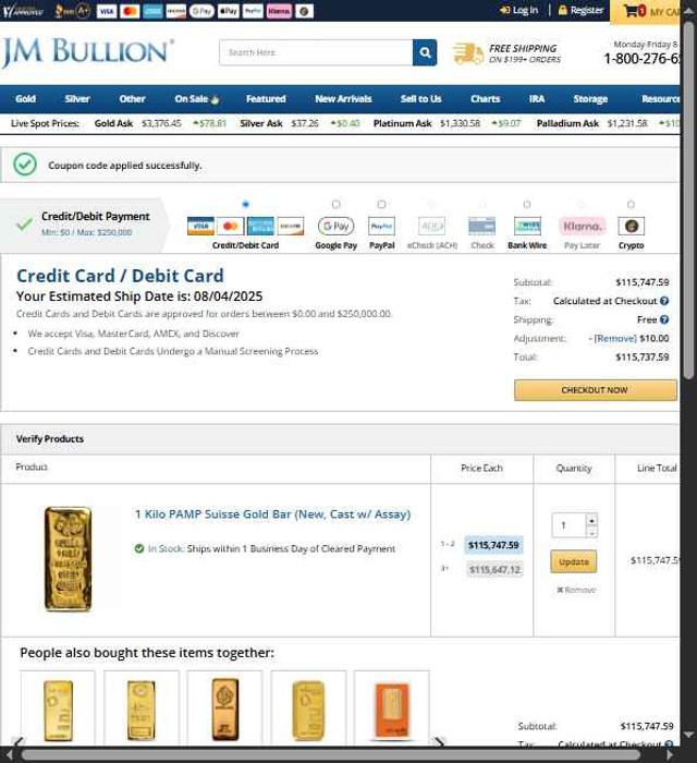 JM Bullion checkout page showing JM Bullion promo code box | Screenshot taken by SimplyCodes community member on Aug 2, 2025