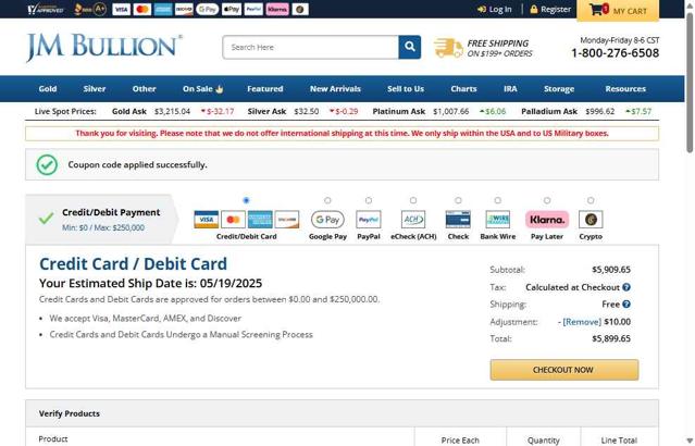 JM Bullion checkout page showing JM Bullion promo code box | Screenshot taken by SimplyCodes community member on May 17, 2025