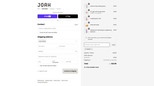 Joah checkout page showing Joah promo code box | Screenshot taken by SimplyCodes community member on Jun 26, 2025