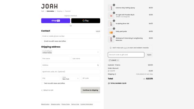 Joah checkout page showing Joah promo code box | Screenshot taken by SimplyCodes community member on Jun 22, 2025