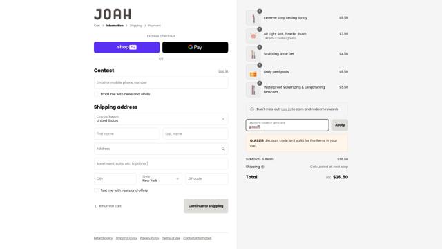 Joah checkout page showing Joah promo code box | Screenshot taken by SimplyCodes community member on Jun 22, 2025
