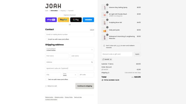 Joah checkout page showing Joah promo code box | Screenshot taken by SimplyCodes community member on Jul 4, 2025