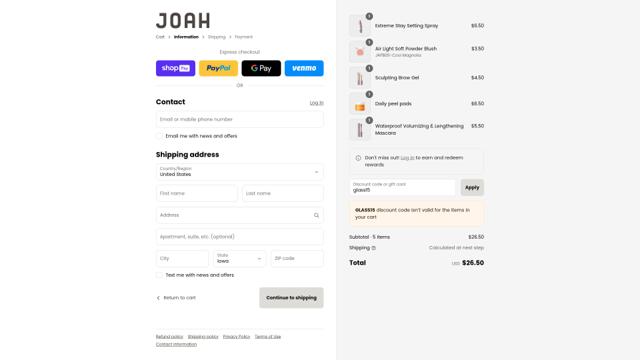 Joah checkout page showing Joah promo code box | Screenshot taken by SimplyCodes community member on Jul 4, 2025