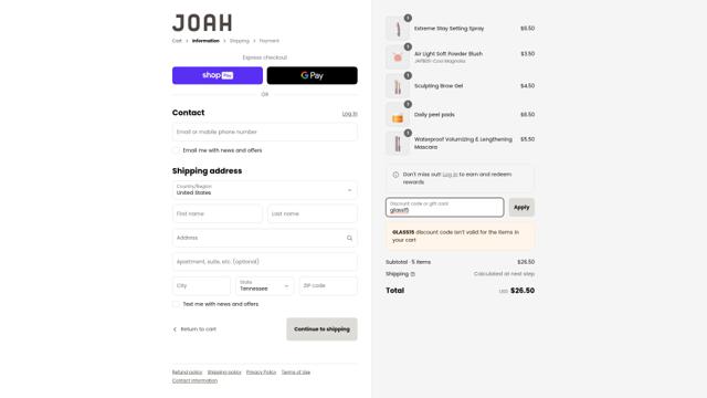Joah checkout page showing Joah promo code box | Screenshot taken by SimplyCodes community member on Jun 26, 2025