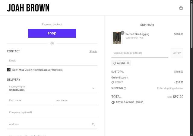Joah Brown checkout page showing Joah Brown discount code box | Screenshot taken by SimplyCodes community member on Sep 14, 2025