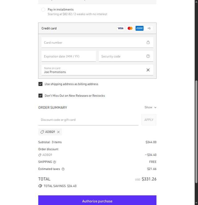Joah Brown checkout page showing Joah Brown discount code box | Screenshot taken by SimplyCodes community member on Sep 12, 2025