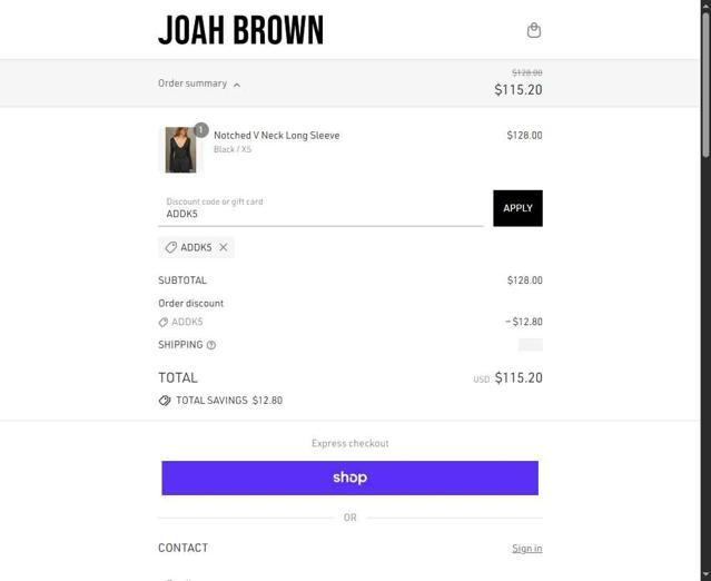 Joah Brown checkout page showing Joah Brown discount code box | Screenshot taken by SimplyCodes community member on Sep 14, 2025