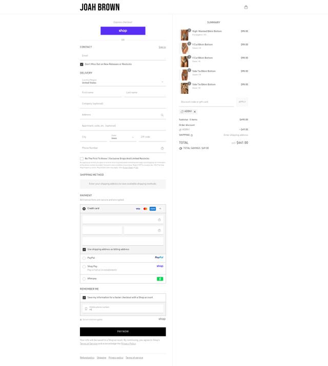 Joah Brown checkout page showing Joah Brown discount code box | Screenshot taken by SimplyCodes community member on Sep 12, 2025