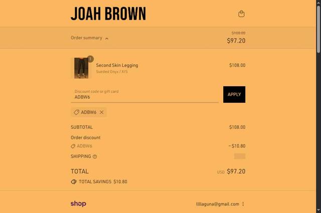 Joah Brown checkout page showing Joah Brown discount code box | Screenshot taken by SimplyCodes community member on Sep 14, 2025