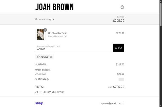Joah Brown checkout page showing Joah Brown discount code box | Screenshot taken by SimplyCodes community member on Sep 14, 2025