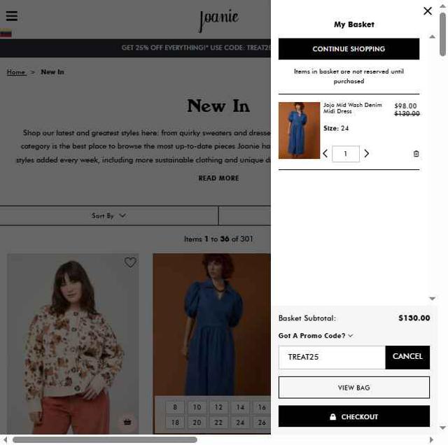 Joanie Clothing checkout page showing Joanie Clothing promo code box | Screenshot taken by SimplyCodes community member on Aug 19, 2025