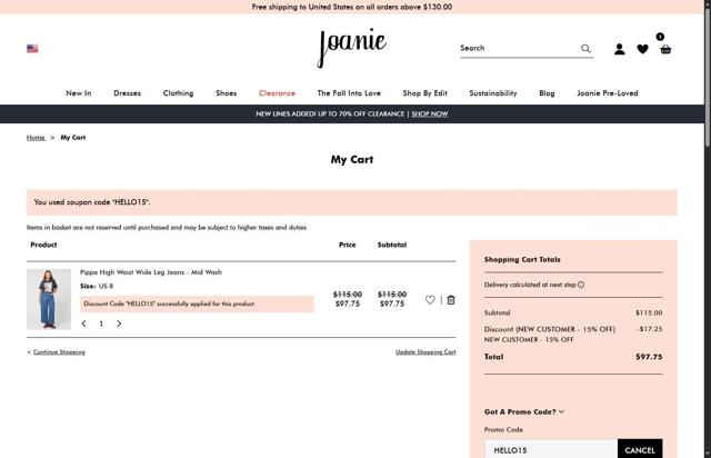 Joanie Clothing checkout page showing Joanie Clothing promo code box | Screenshot taken by SimplyCodes community member on Sep 7, 2025