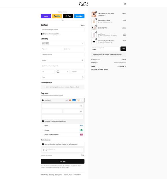 Joanna Vargas checkout page showing Joanna Vargas promo code box | Screenshot taken by SimplyCodes community member on Sep 8, 2025