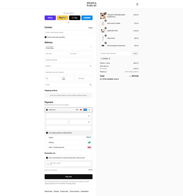 Joanna Vargas checkout page showing Joanna Vargas promo code box | Screenshot taken by SimplyCodes community member on Sep 12, 2025