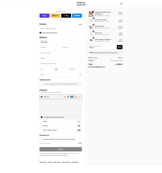 Joanna Vargas checkout page showing Joanna Vargas promo code box | Screenshot taken by SimplyCodes community member on Sep 4, 2025