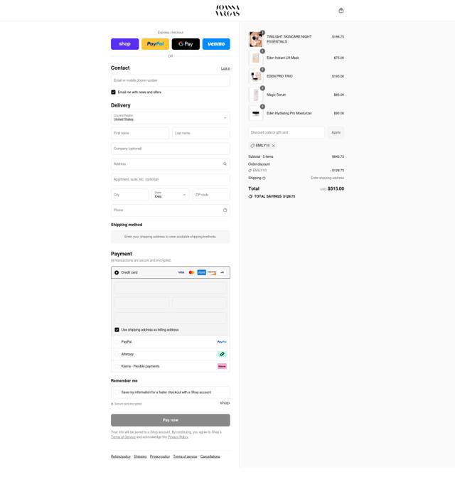 Joanna Vargas checkout page showing Joanna Vargas promo code box | Screenshot taken by SimplyCodes community member on Sep 8, 2025