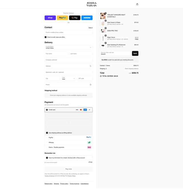 Joanna Vargas checkout page showing Joanna Vargas promo code box | Screenshot taken by SimplyCodes community member on Sep 12, 2025