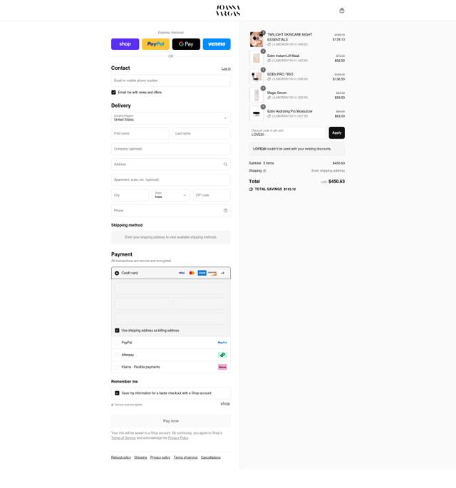 Joanna Vargas checkout page showing Joanna Vargas promo code box | Screenshot taken by SimplyCodes community member on Sep 4, 2025