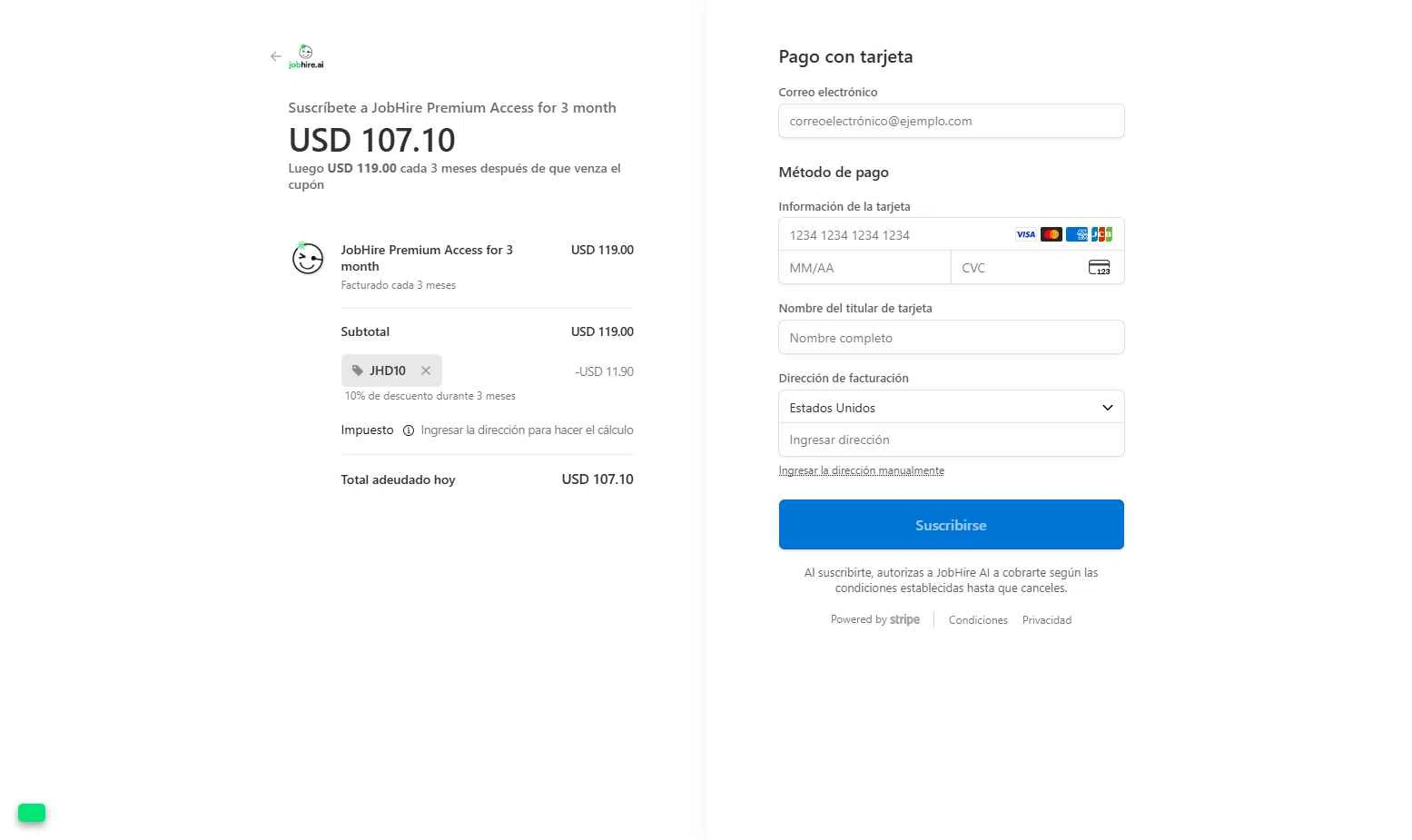 Jobhire checkout page showing Jobhire promo code box | Screenshot taken by SimplyCodes community member on Dec 13, 2025