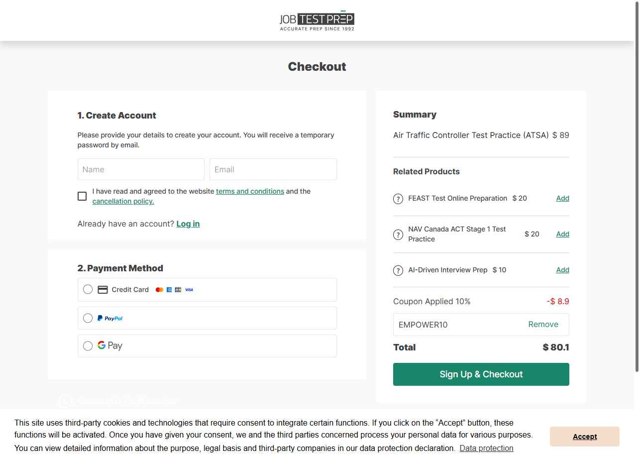 JobTestPrep checkout page showing JobTestPrep promo code box | Screenshot taken by SimplyCodes community member on Sep 3, 2025