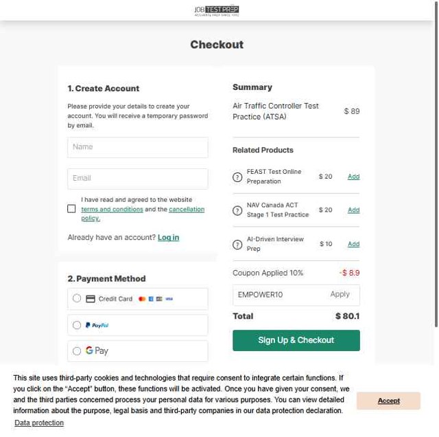 JobTestPrep checkout page showing JobTestPrep promo code box | Screenshot taken by SimplyCodes community member on Aug 22, 2025