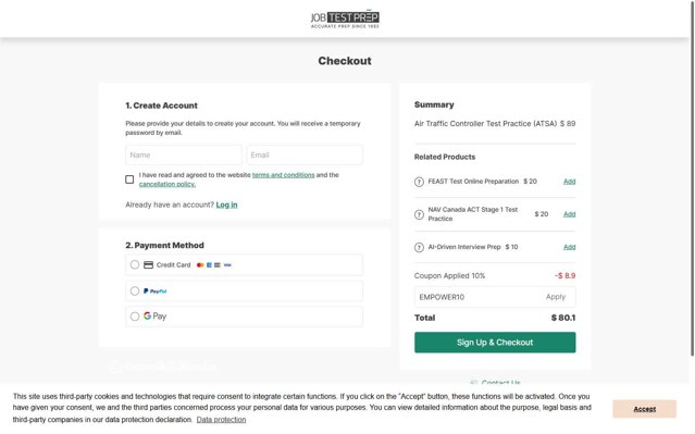 JobTestPrep checkout page showing JobTestPrep promo code box | Screenshot taken by SimplyCodes community member on Aug 18, 2025