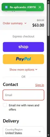 JOBY10 coupon verification screenshot