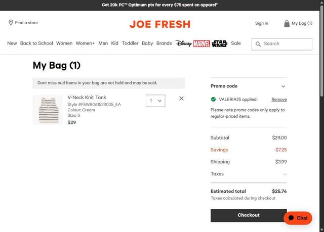 Joe Fresh CA checkout page showing Joe Fresh CA promo code box | Screenshot taken by SimplyCodes community member on Aug 28, 2025