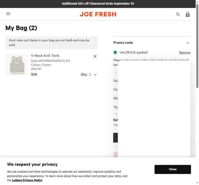Joe Fresh CA checkout page showing Joe Fresh CA promo code box | Screenshot taken by SimplyCodes community member on Sep 9, 2025