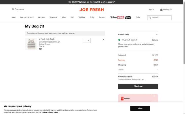 Joe Fresh CA checkout page showing Joe Fresh CA promo code box | Screenshot taken by SimplyCodes community member on Sep 3, 2025