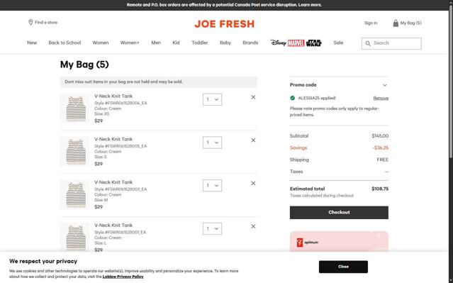 Joe Fresh CA checkout page showing Joe Fresh CA promo code box | Screenshot taken by SimplyCodes community member on Aug 16, 2025