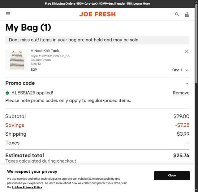 Joe Fresh CA checkout page showing Joe Fresh CA promo code box | Screenshot taken by SimplyCodes community member on Aug 27, 2025