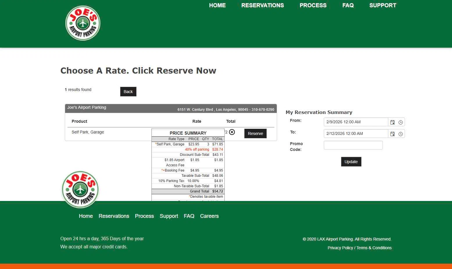 Joe's Airport Parking checkout page showing Joe's Airport Parking promo code box | Screenshot taken by SimplyCodes community member on Feb 2, 2026