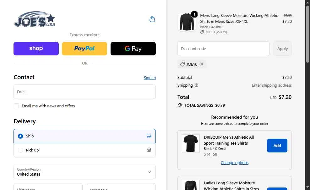 Joe's USA checkout page showing Joe's USA discount code box | Screenshot taken by SimplyCodes community member on Feb 6, 2026