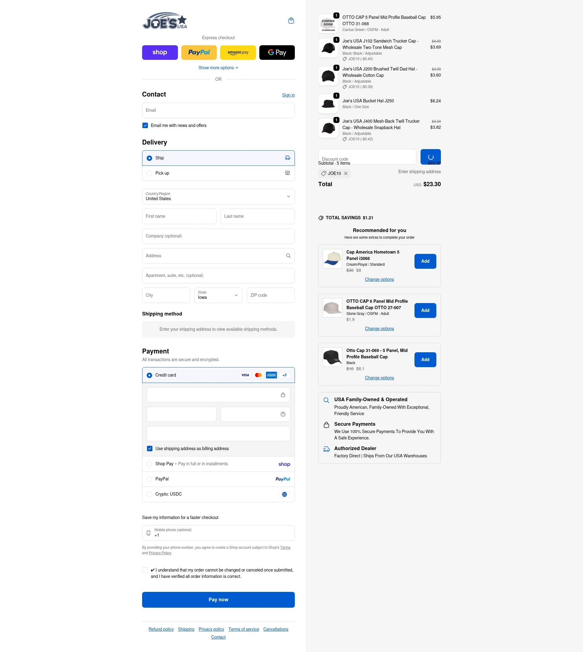 Joe's USA checkout page showing Joe's USA discount code box | Screenshot taken by SimplyCodes community member on Feb 11, 2026