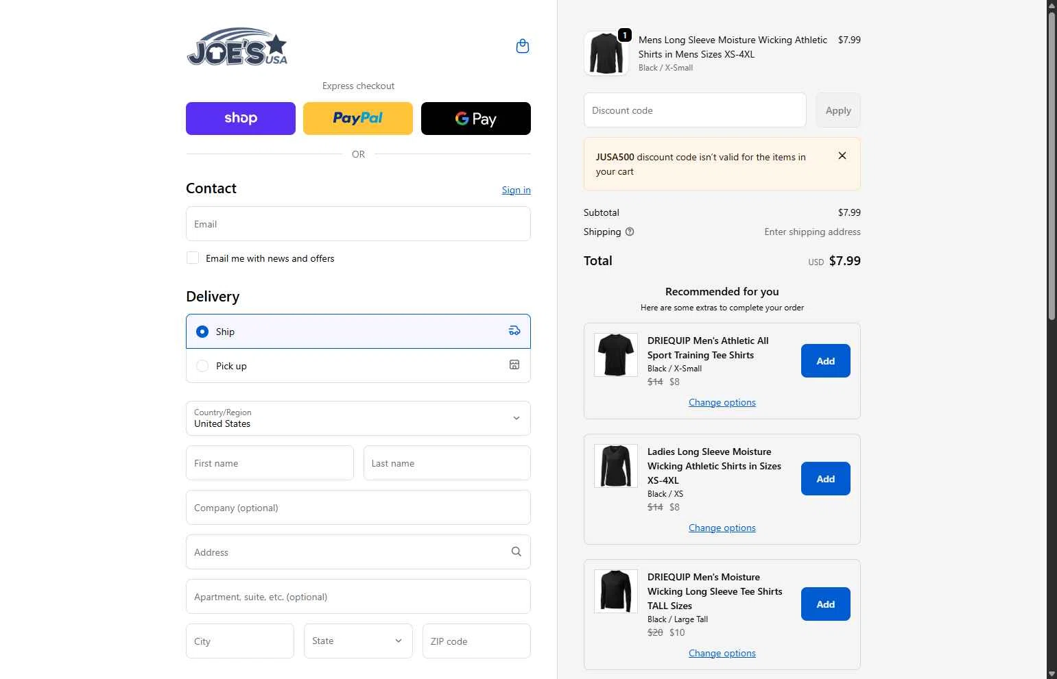 Joe's USA checkout page showing Joe's USA discount code box | Screenshot taken by SimplyCodes community member on Feb 2, 2026