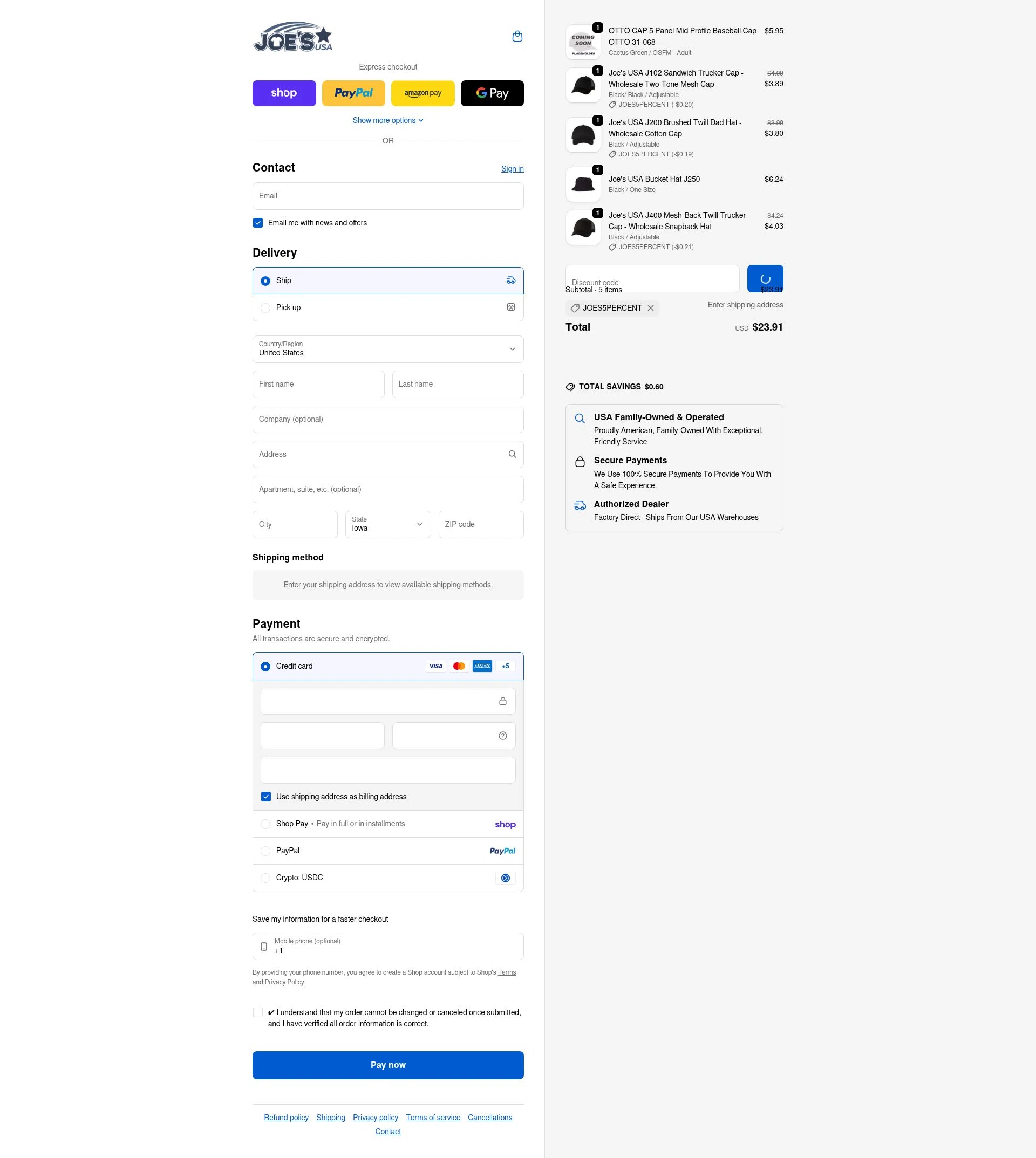 Joe's USA checkout page showing Joe's USA discount code box | Screenshot taken by SimplyCodes community member on Feb 6, 2026