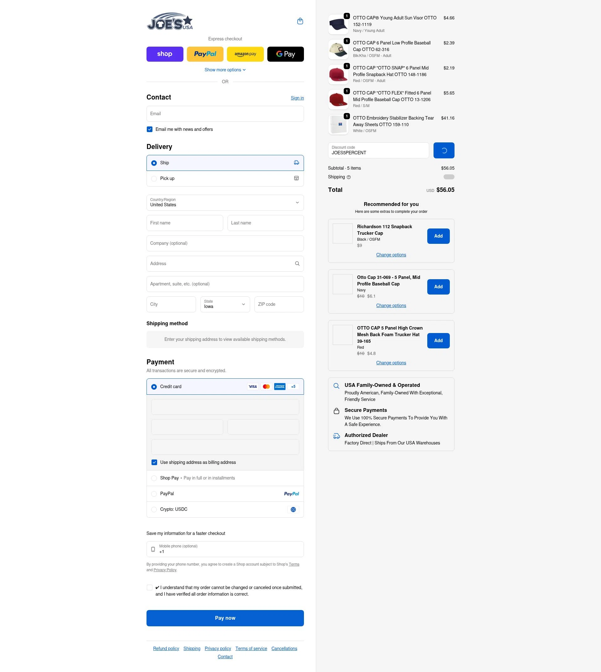 Joe's USA checkout page showing Joe's USA discount code box | Screenshot taken by SimplyCodes community member on Feb 15, 2026