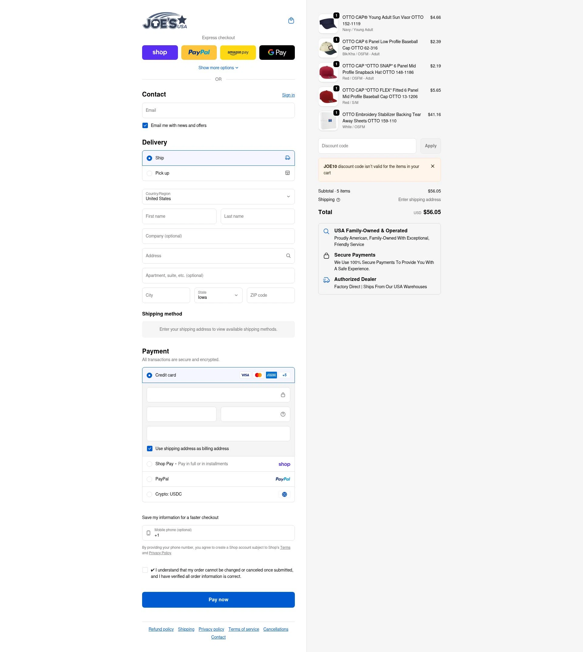 Joe's USA checkout page showing Joe's USA discount code box | Screenshot taken by SimplyCodes community member on Feb 19, 2026