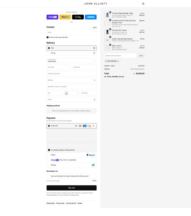 John Elliott checkout page showing John Elliott discount code box | Screenshot taken by SimplyCodes community member on Jul 31, 2025