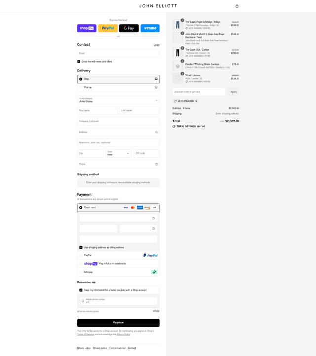 John Elliott checkout page showing John Elliott discount code box | Screenshot taken by SimplyCodes community member on Jul 27, 2025