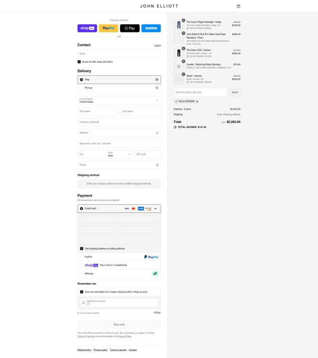 John Elliott checkout page showing John Elliott discount code box | Screenshot taken by SimplyCodes community member on Jul 31, 2025