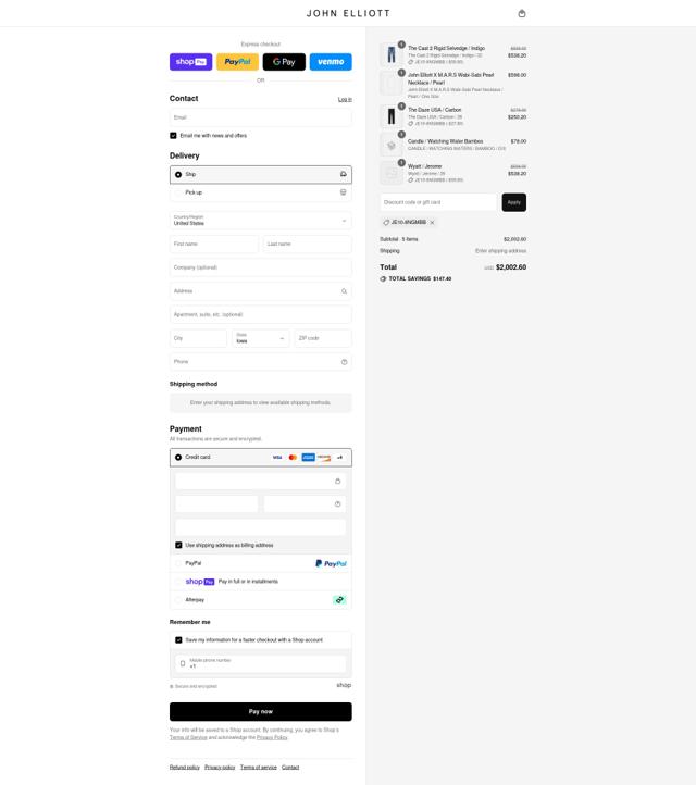 John Elliott checkout page showing John Elliott discount code box | Screenshot taken by SimplyCodes community member on Jul 31, 2025