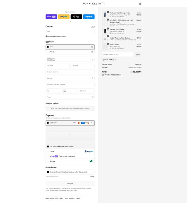 John Elliott checkout page showing John Elliott discount code box | Screenshot taken by SimplyCodes community member on Aug 5, 2025