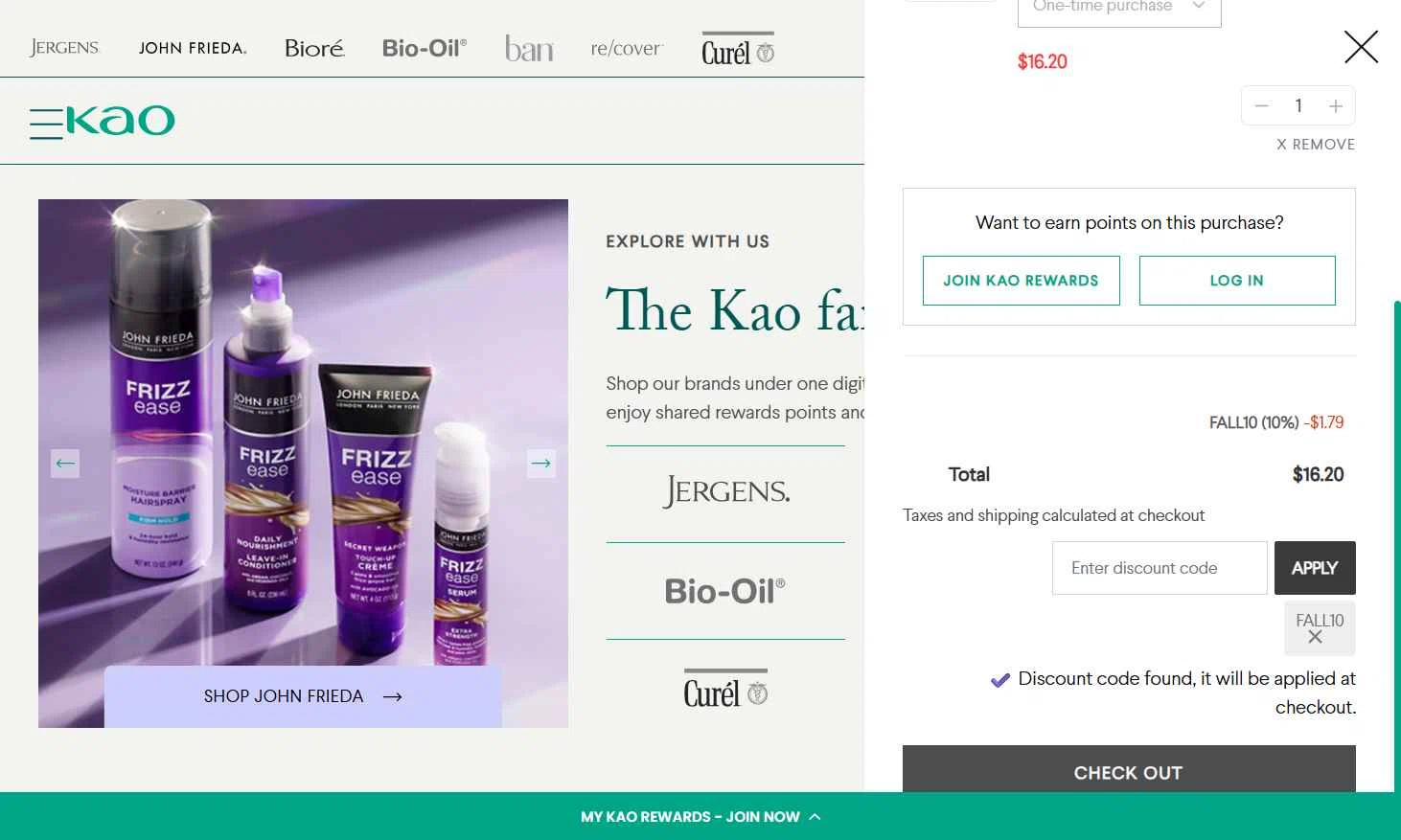 John Frieda checkout page showing John Frieda coupon code box | Screenshot taken by SimplyCodes community member on Sep 1, 2025