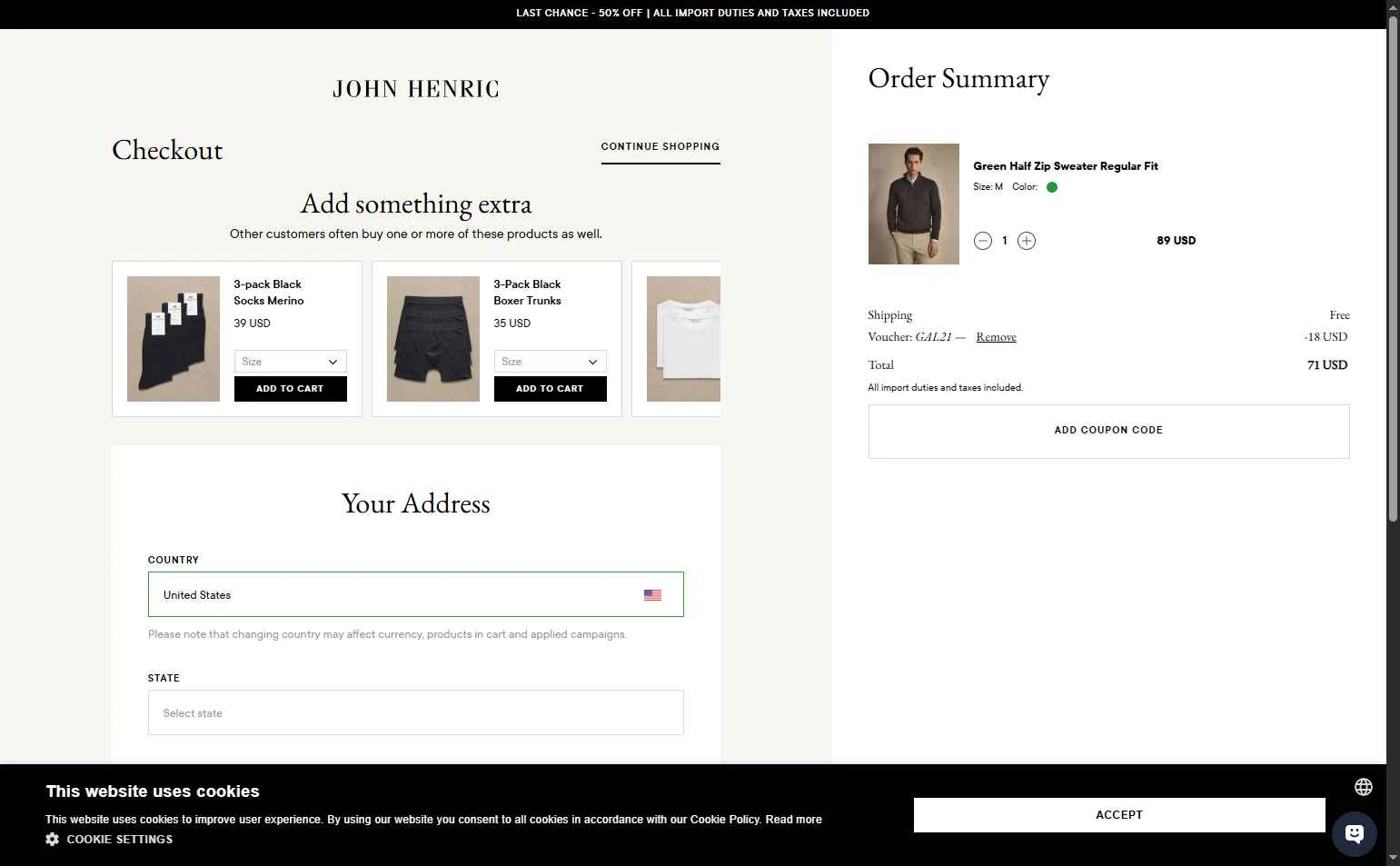 John Henric checkout page showing John Henric discount code box | Screenshot taken by SimplyCodes community member on Feb 11, 2026