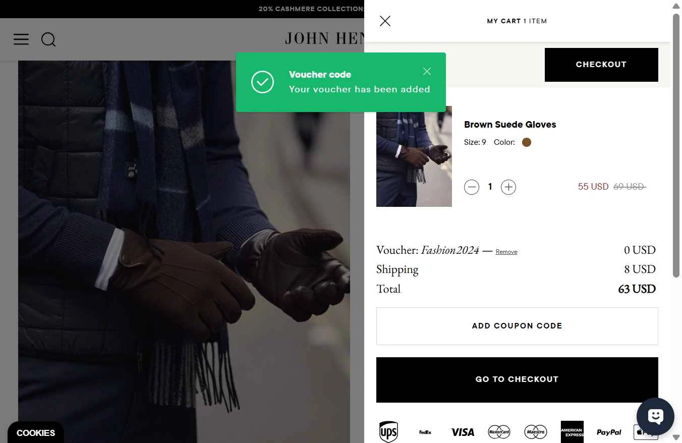 John Henric checkout page showing John Henric discount code box | Screenshot taken by SimplyCodes community member on Dec 8, 2025