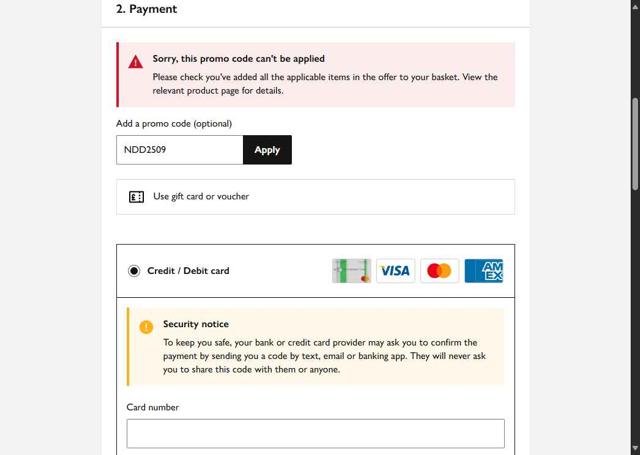 John Lewis checkout page showing John Lewis discount code box | Screenshot taken by SimplyCodes community member on Sep 13, 2025
