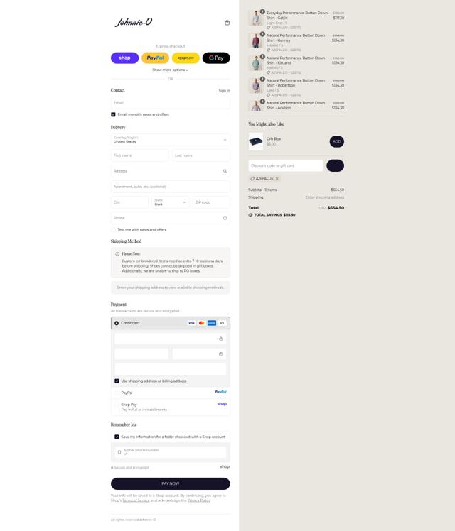 Johnnie-O checkout page showing Johnnie-O promo code box | Screenshot taken by SimplyCodes community member on Sep 13, 2025