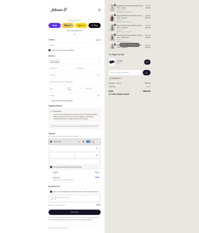 Johnnie-O checkout page showing Johnnie-O promo code box | Screenshot taken by SimplyCodes community member on Sep 5, 2025